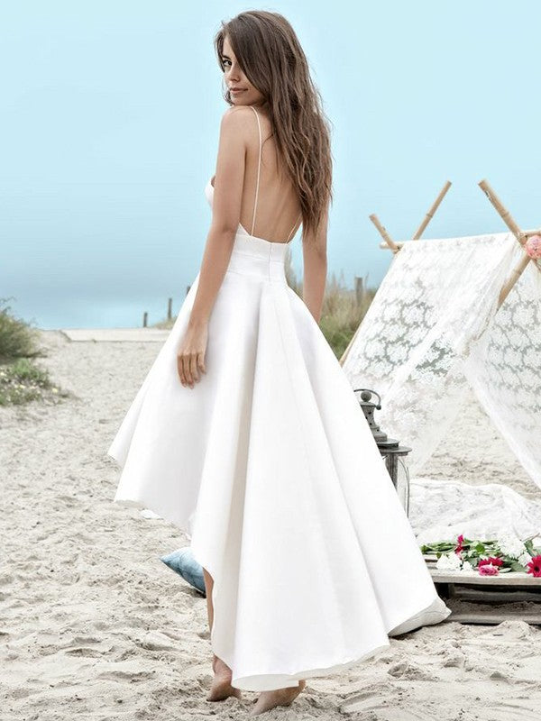 Wholesale A-Line/Princess Satin Ruched Sleeveless Spaghetti Straps Asymmetrical Wedding Dresses